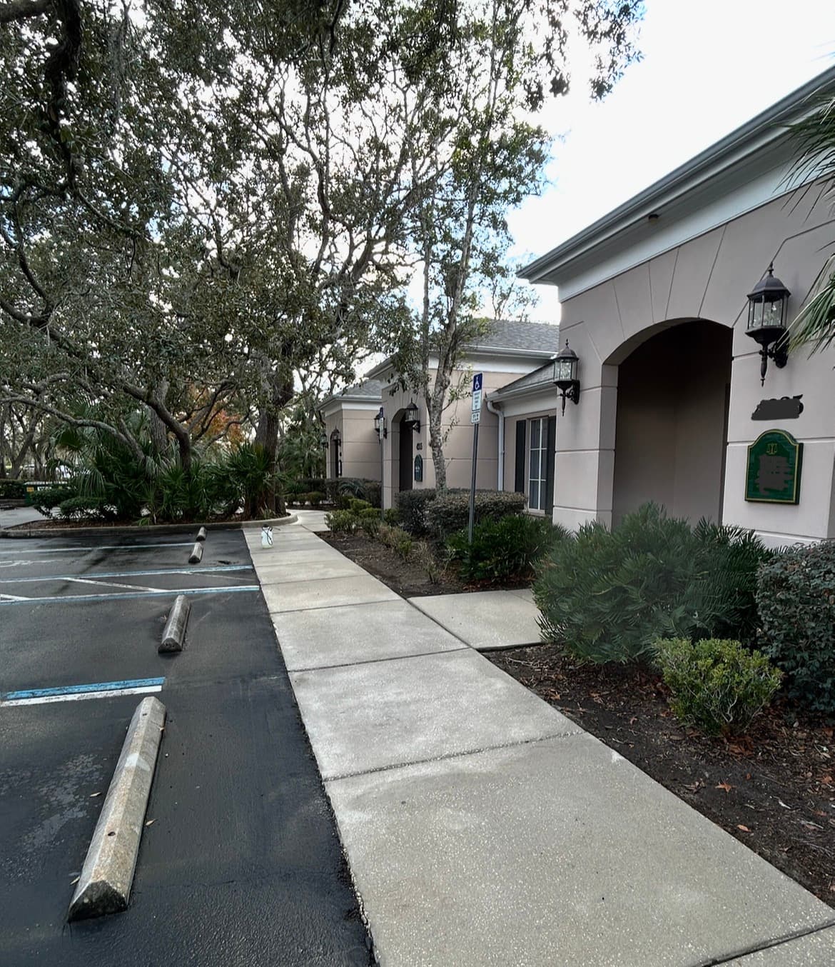 After: Clean commercial building walkway and sidewalk after pressure washing by Black Lab Power Wash in Spring Hill FL