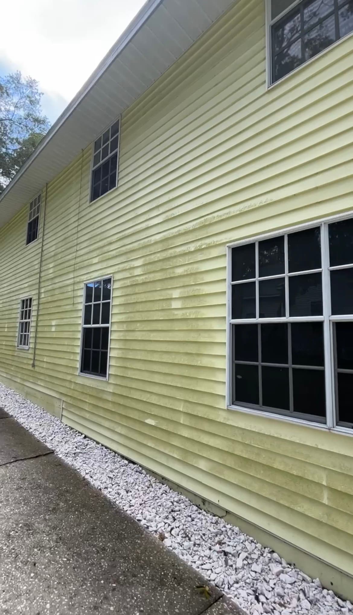 Dirty commercial building siding with mildew and algae before pressure washing in Brooksville FL
